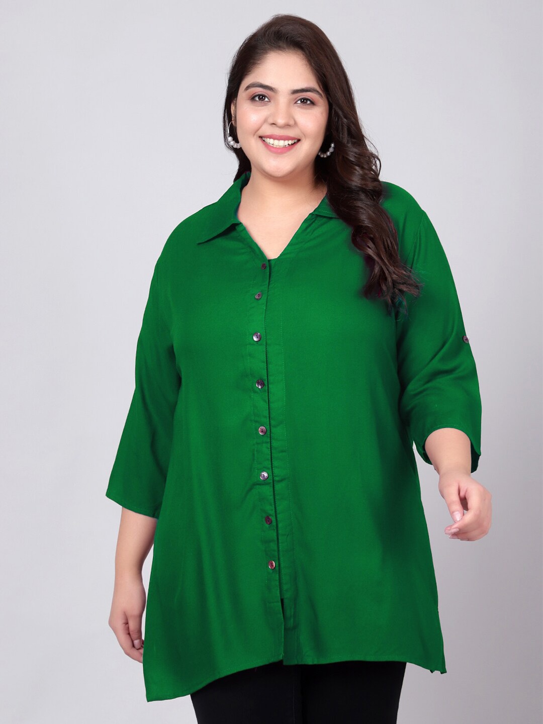 

Indietoga Plus Size Classic Spread Collar Three-Quarter Sleeves Casual Shirt, Green