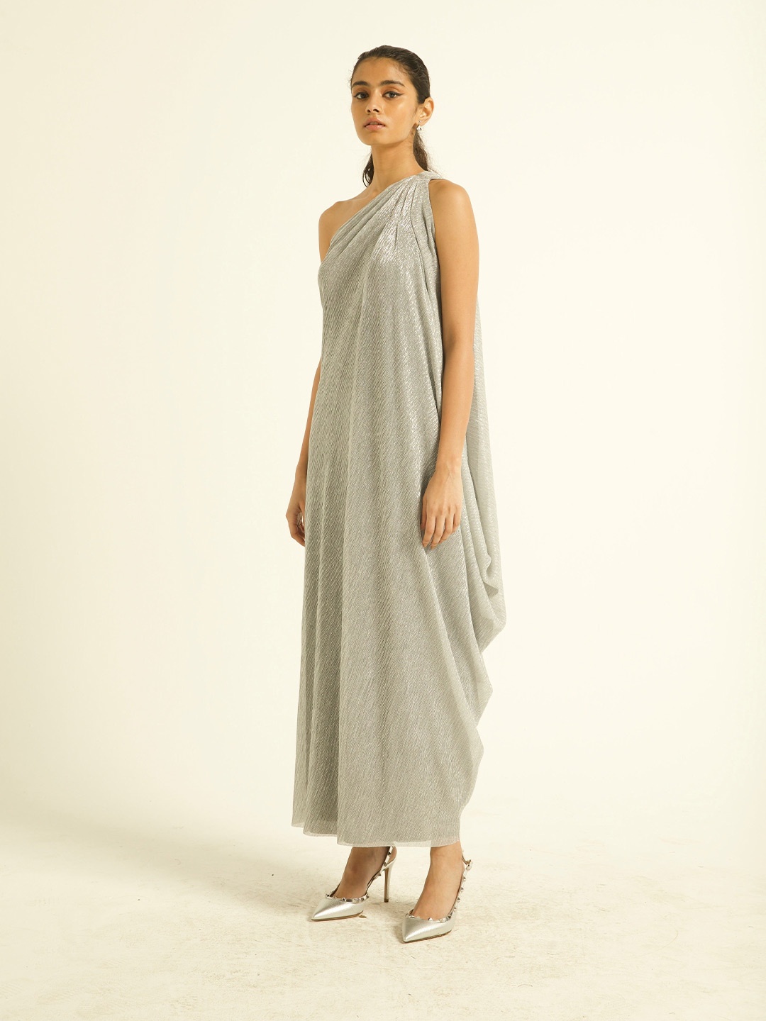 

Dash and Dot Self Design One Shoulder A-Line Maxi Dress, Silver