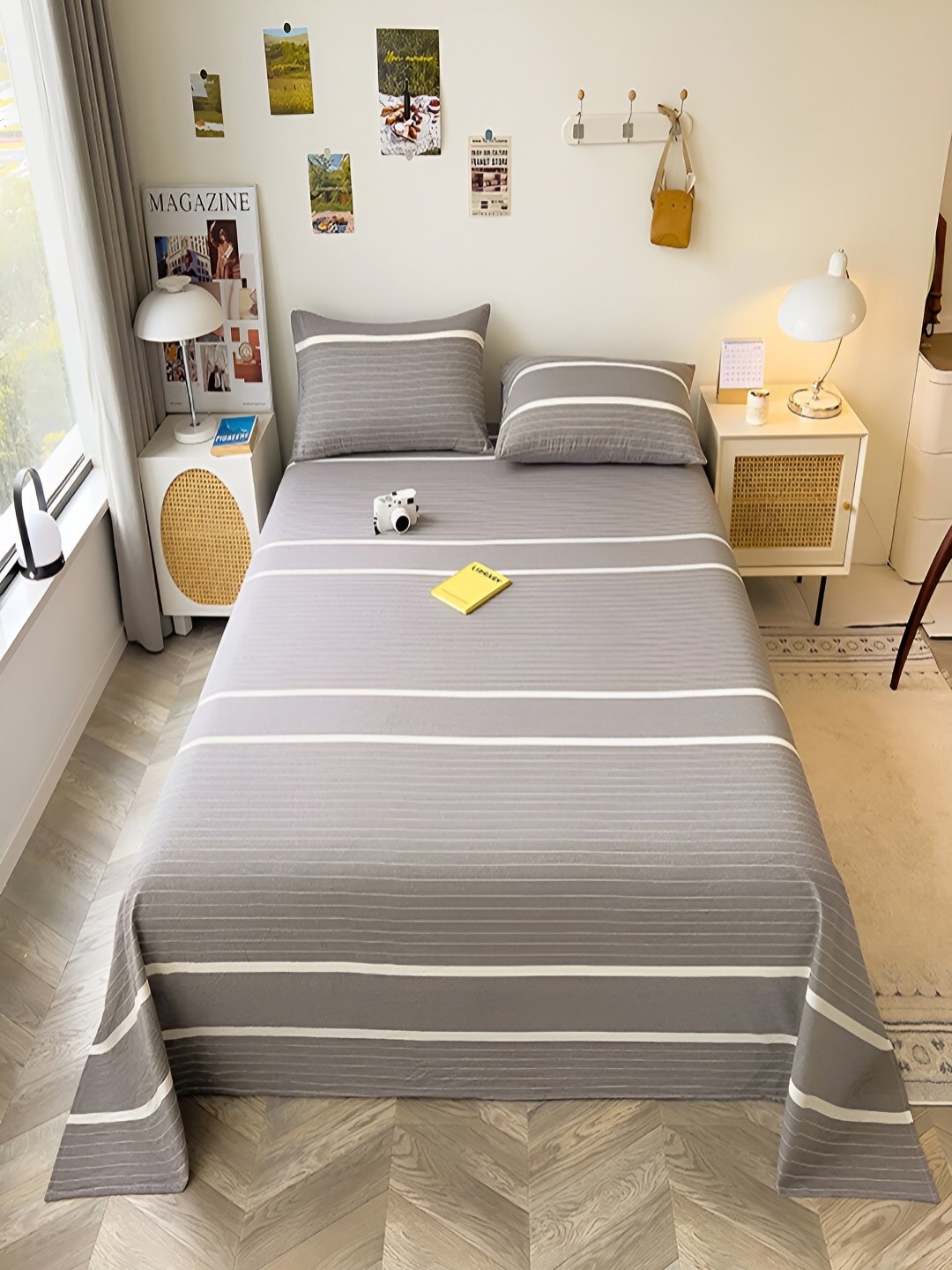 

JC HOME Grey & White Striped Cotton 220 TC Single Bedsheet with Pillow Covers