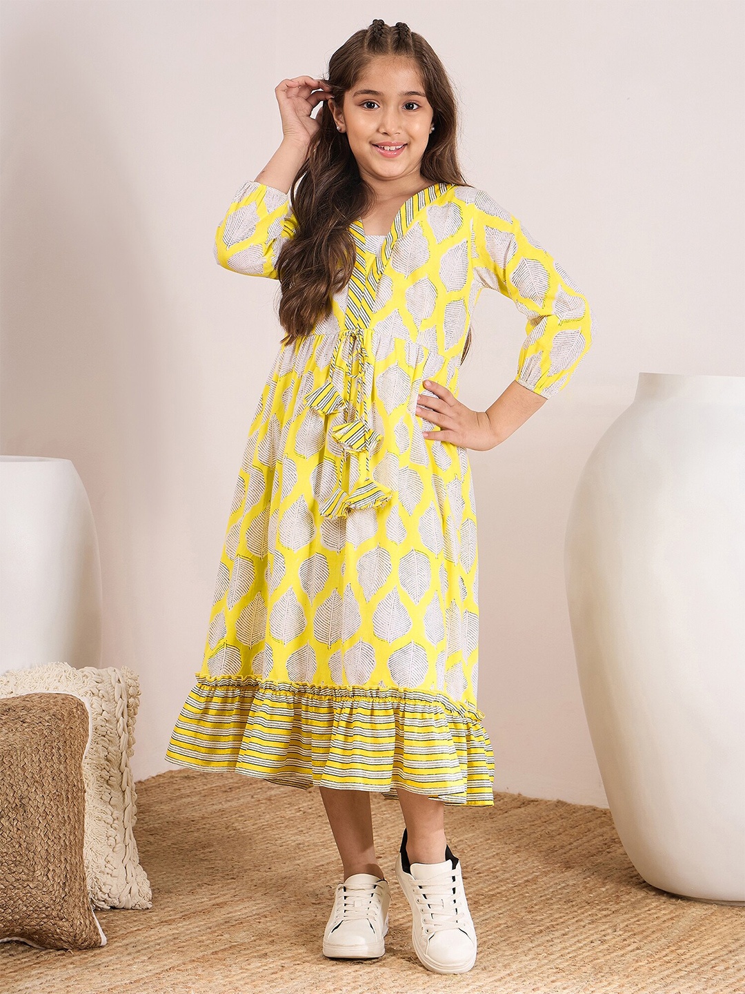 

pspeaches Girls Floral Printed Cotton A-Line Midi Dress, Yellow