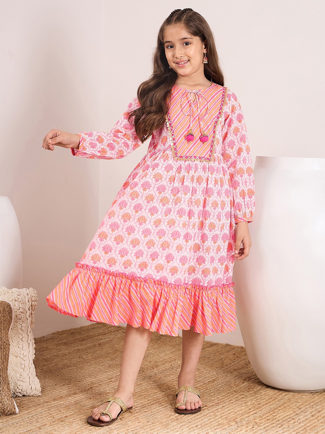 

pspeaches Floral Printed Tie-Up Neck Cotton Fit & Flare Midi Dress, Pink