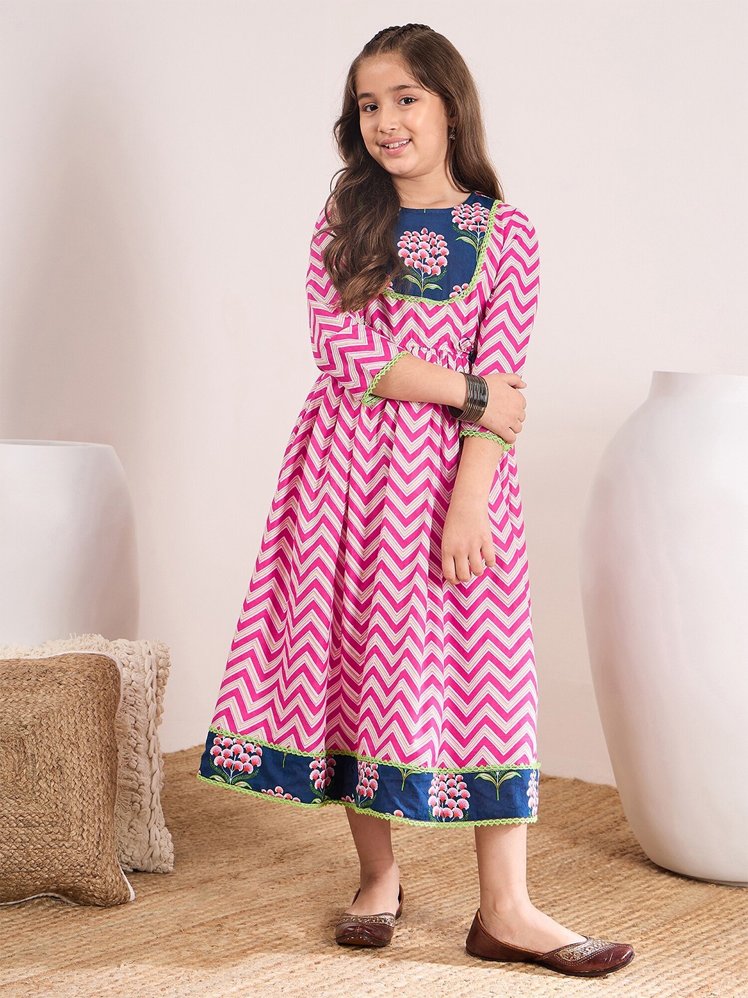 

pspeaches Printed Cotton Fit & Flare Midi Dress, Magenta