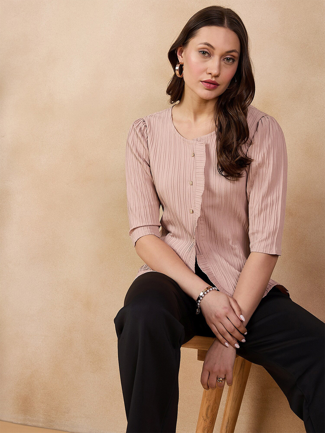 

all about you Beige Self Design Puff Sleeve Shirt Style Top