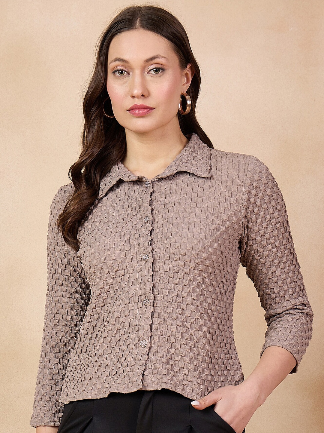 

all about you Camel Brown Self Design Shirt Style Top