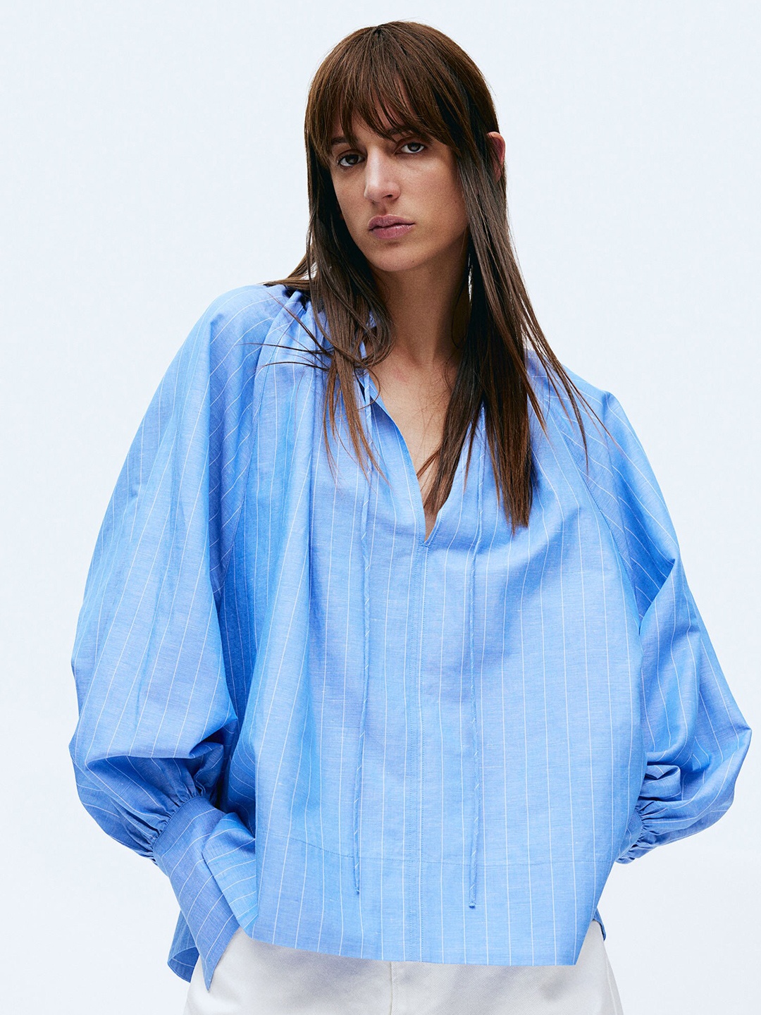 

H&M Cotton & Linen Balloon-Sleeved Blouse, Blue
