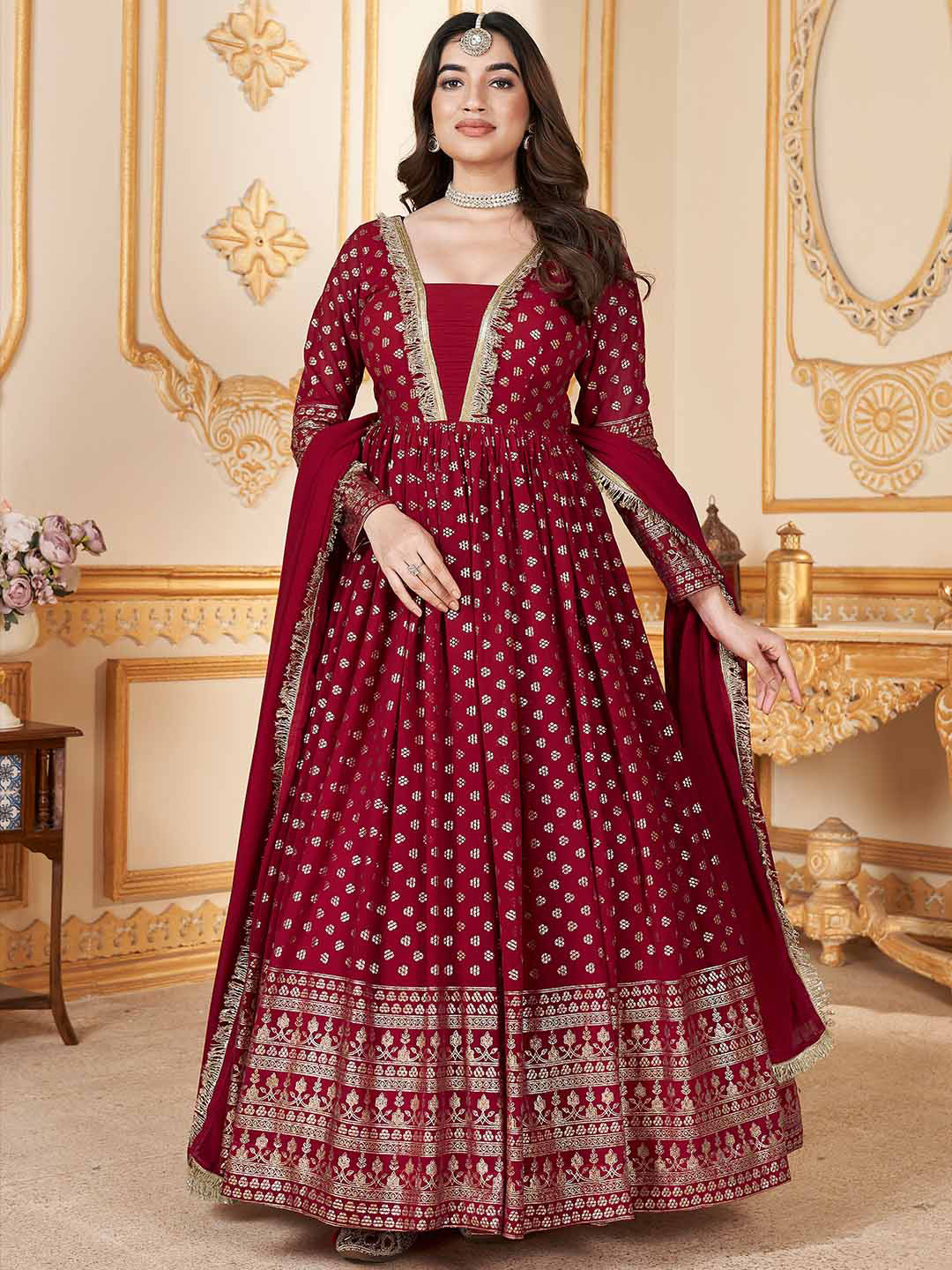 

KALINI Foil Print Square Neck Long Sleeves Georgette Fit & Flare Ethnic Dress With Dupatta, Red