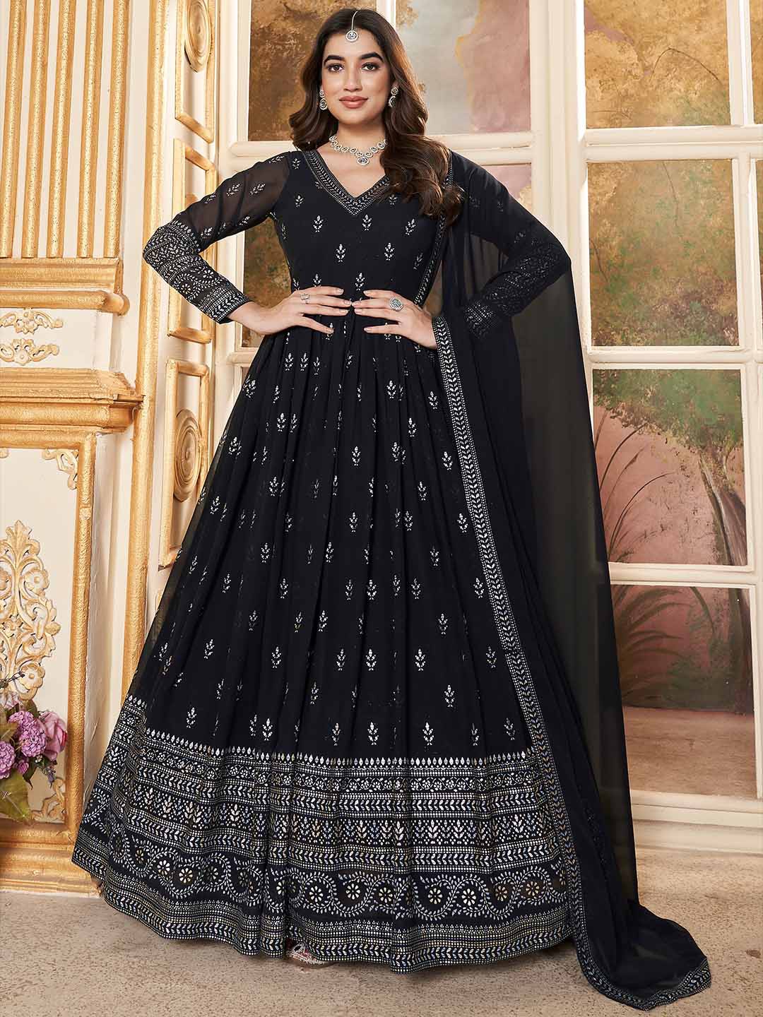 

KALINI Foil Print V-Neck Long Sleeves Georgette Fit & Flare Ethnic Dress With Dupatta, Navy blue