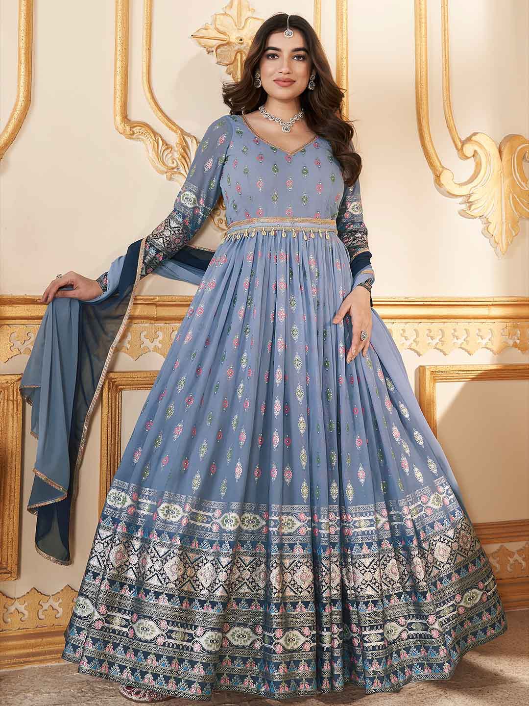 

KALINI Ethnic Motifs Embroidered V-Neck Gathered Detailed Maxi Ethnic Dress With Dupatta, Grey