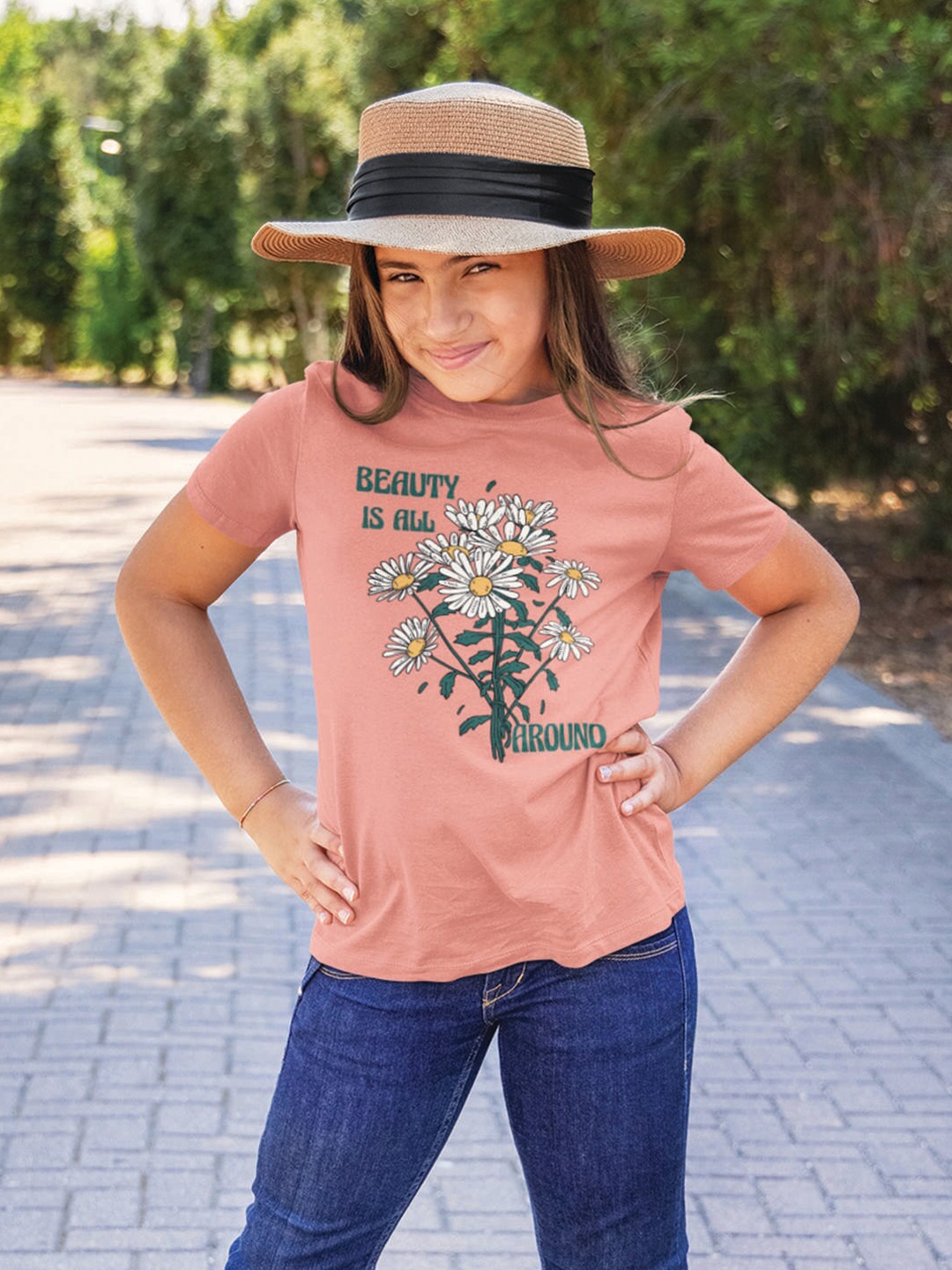 

KINSEY Girls Floral Printed Round Neck T-shirt, Peach