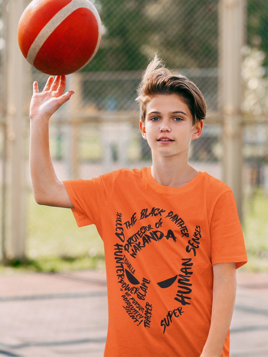 

KINSEY Boys Black Panther Printed Round Neck T-shirt, Orange