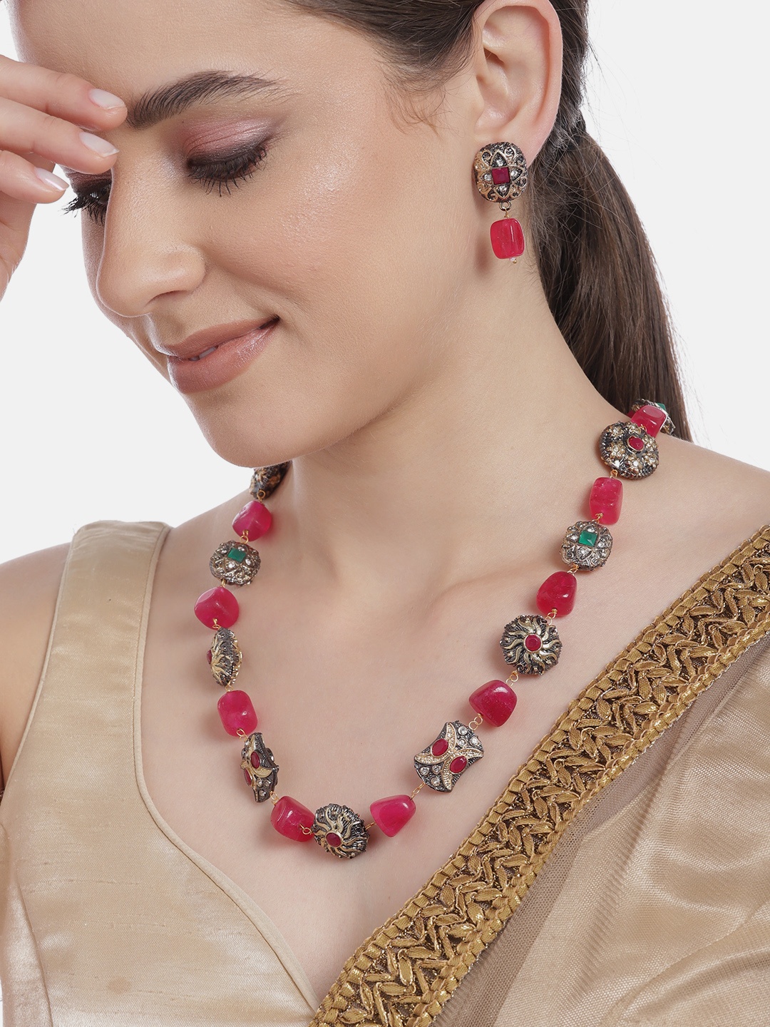 

Anouk Gold-Plated Artificial Beads & Stones Jewellery Set, Pink