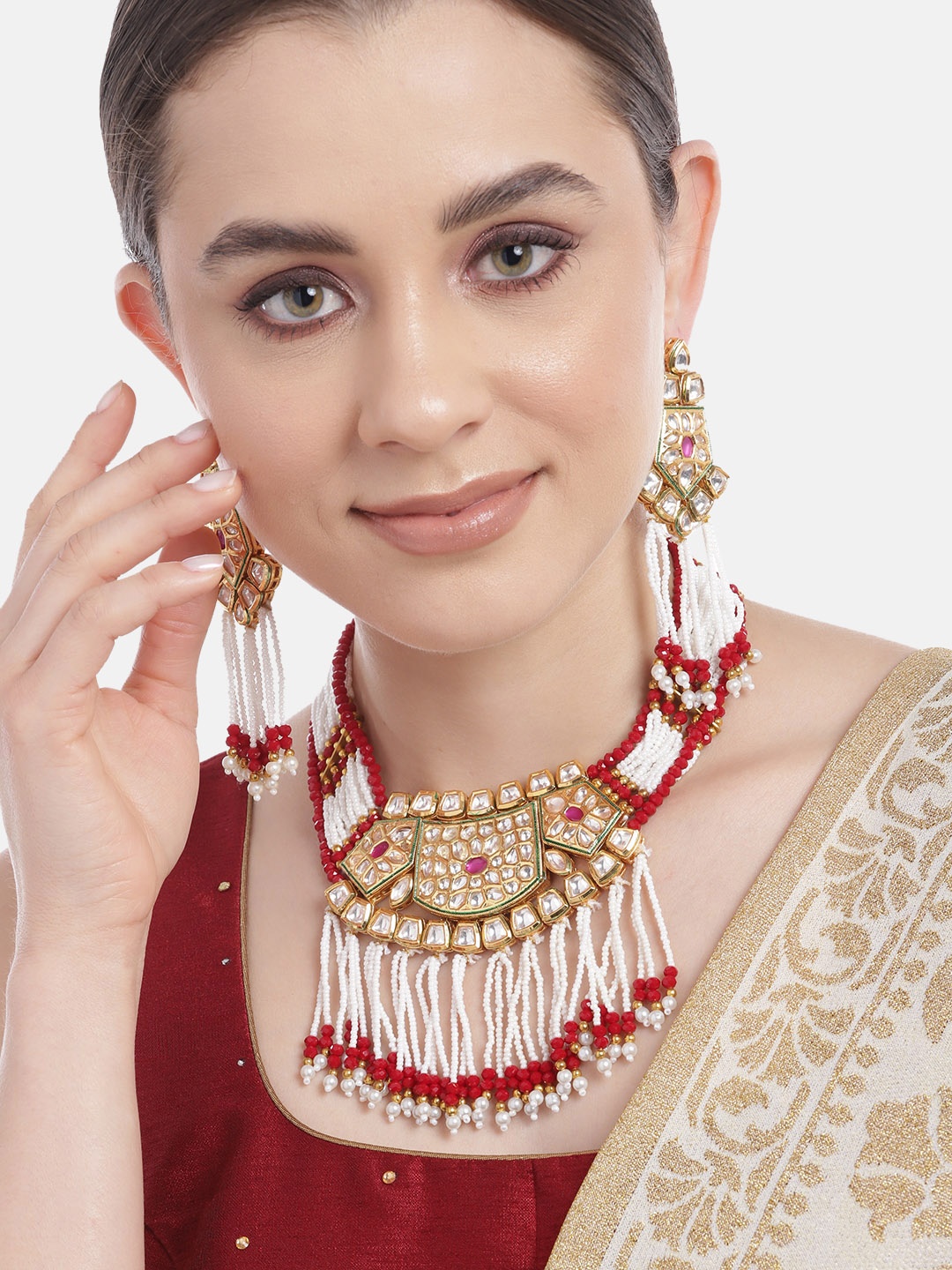 Anouk Premium Gold-Plated Pearl & Kundan Jewellery Set, Red