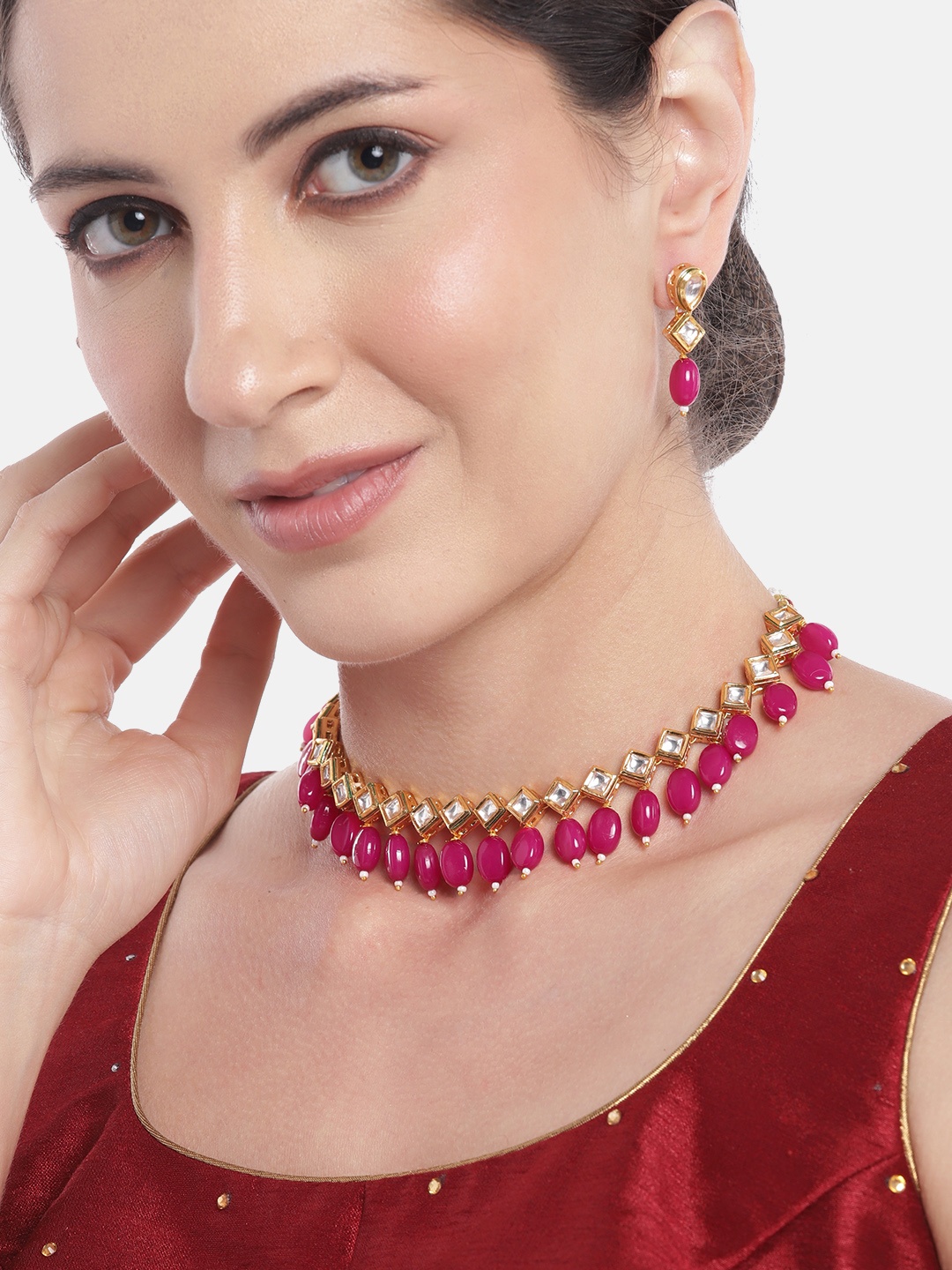 

Anouk Women Gold-Plated Kundan Studded & Beaded Necklace with Earrings, Pink
