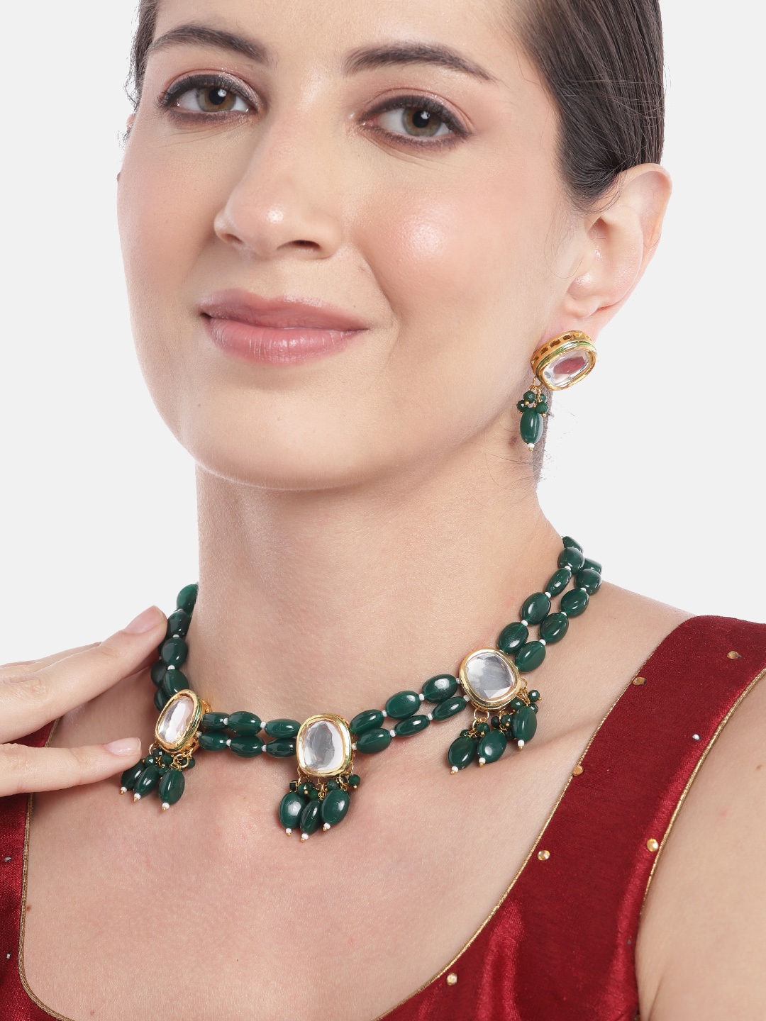 

Anouk Women Gold-Plated Kundan Studded Layered Beaded Necklace with Earrings, Green