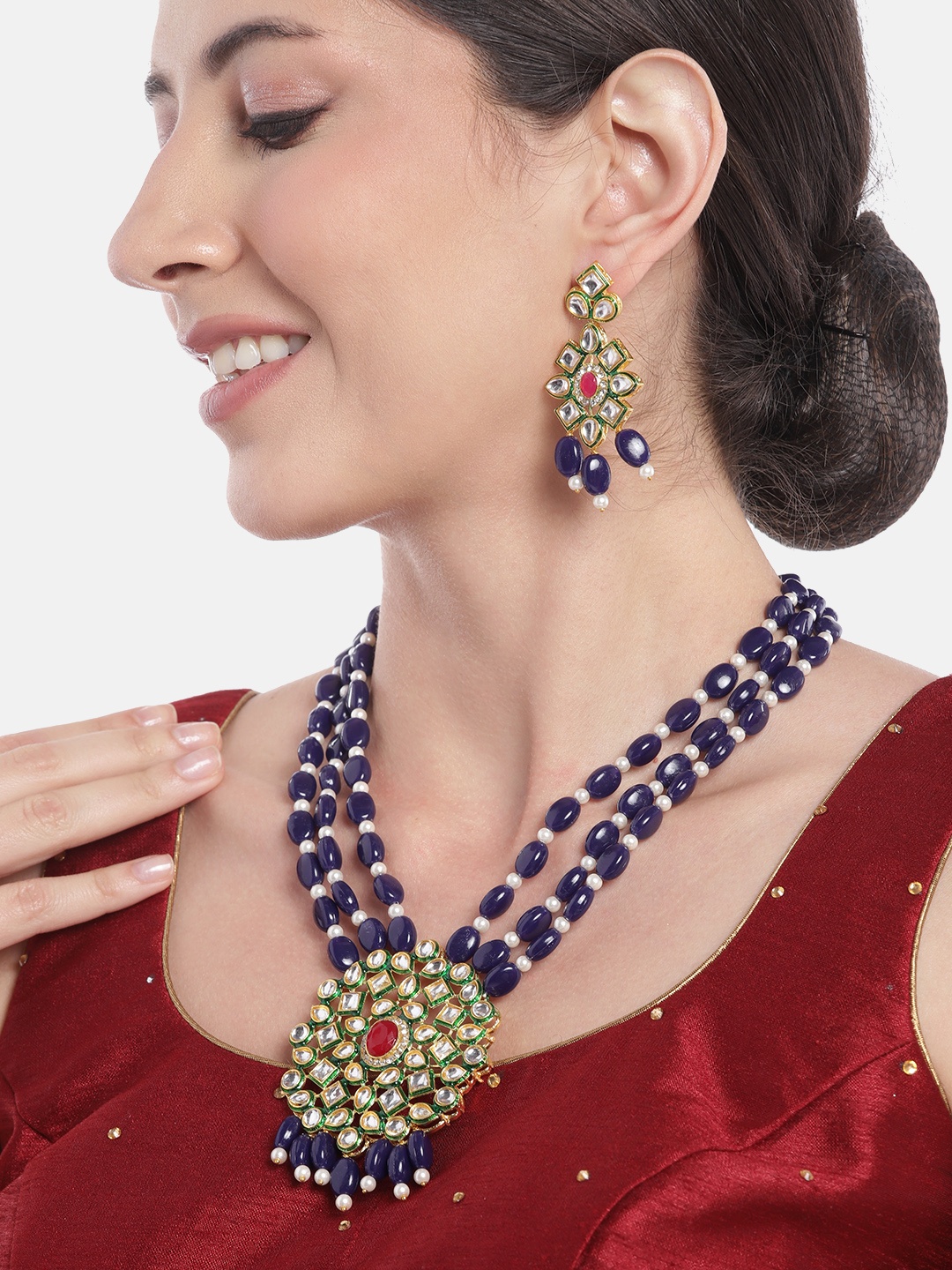 

Anouk Women Gold-Plated Kundan Studded Layered Beaded Necklace with Earrings, Navy blue