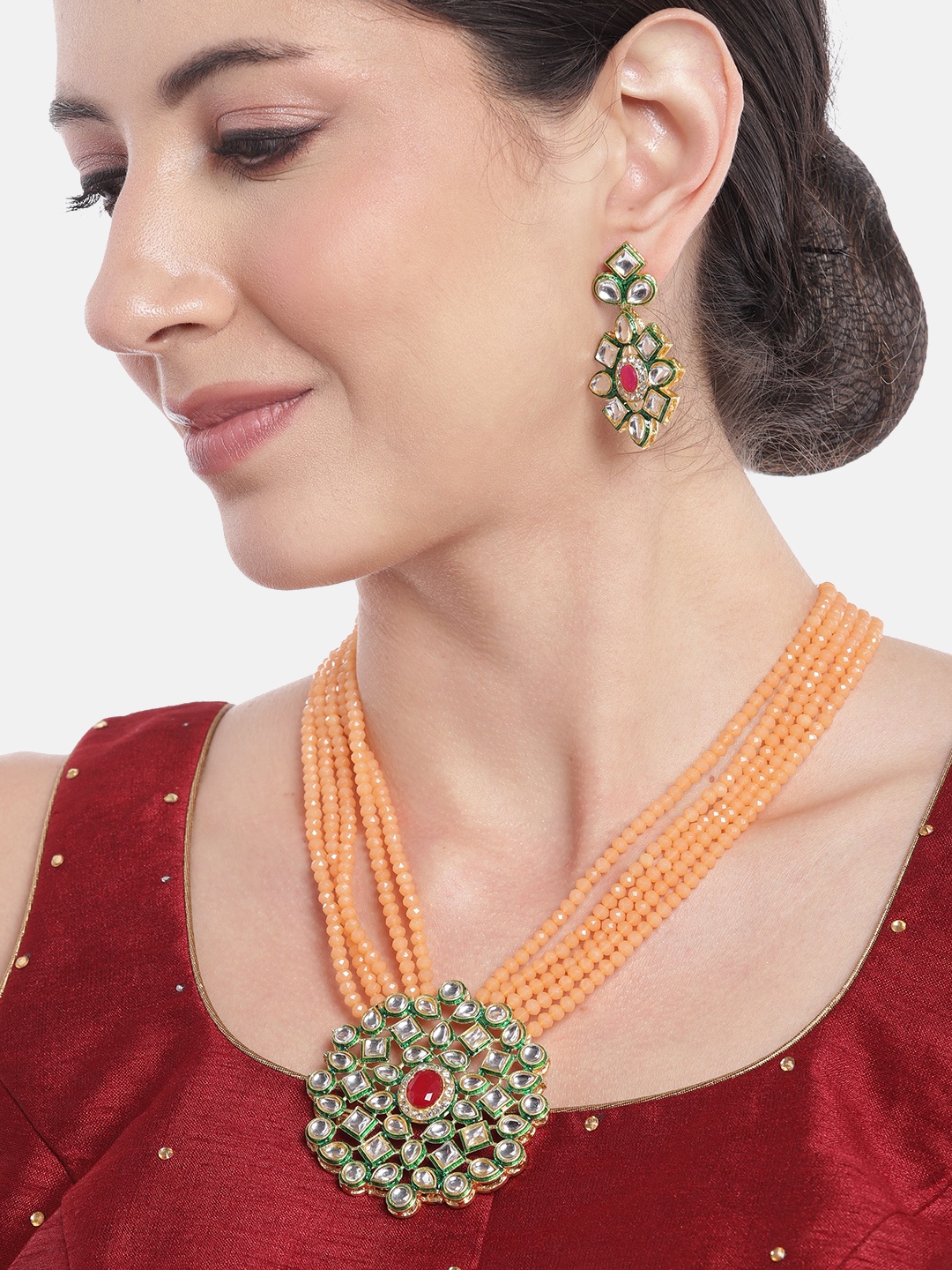 

Anouk Women Gold-Plated Kundan Studded Layered Beaded Necklace with Earrings, Peach