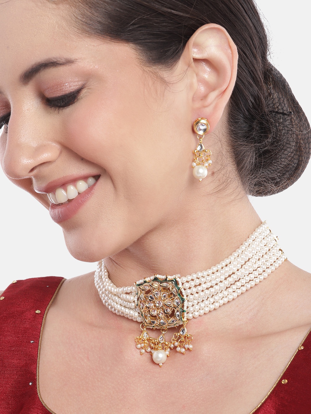 

Anouk Women Gold-Plated Kundan & Pearl Studded Layered Beaded Necklace with Earrings, White