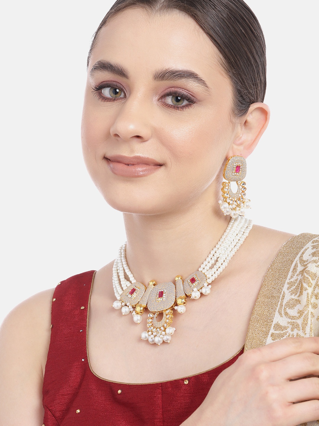Anouk Gold-Plated AD & Pearl Jewellery Set, Grey