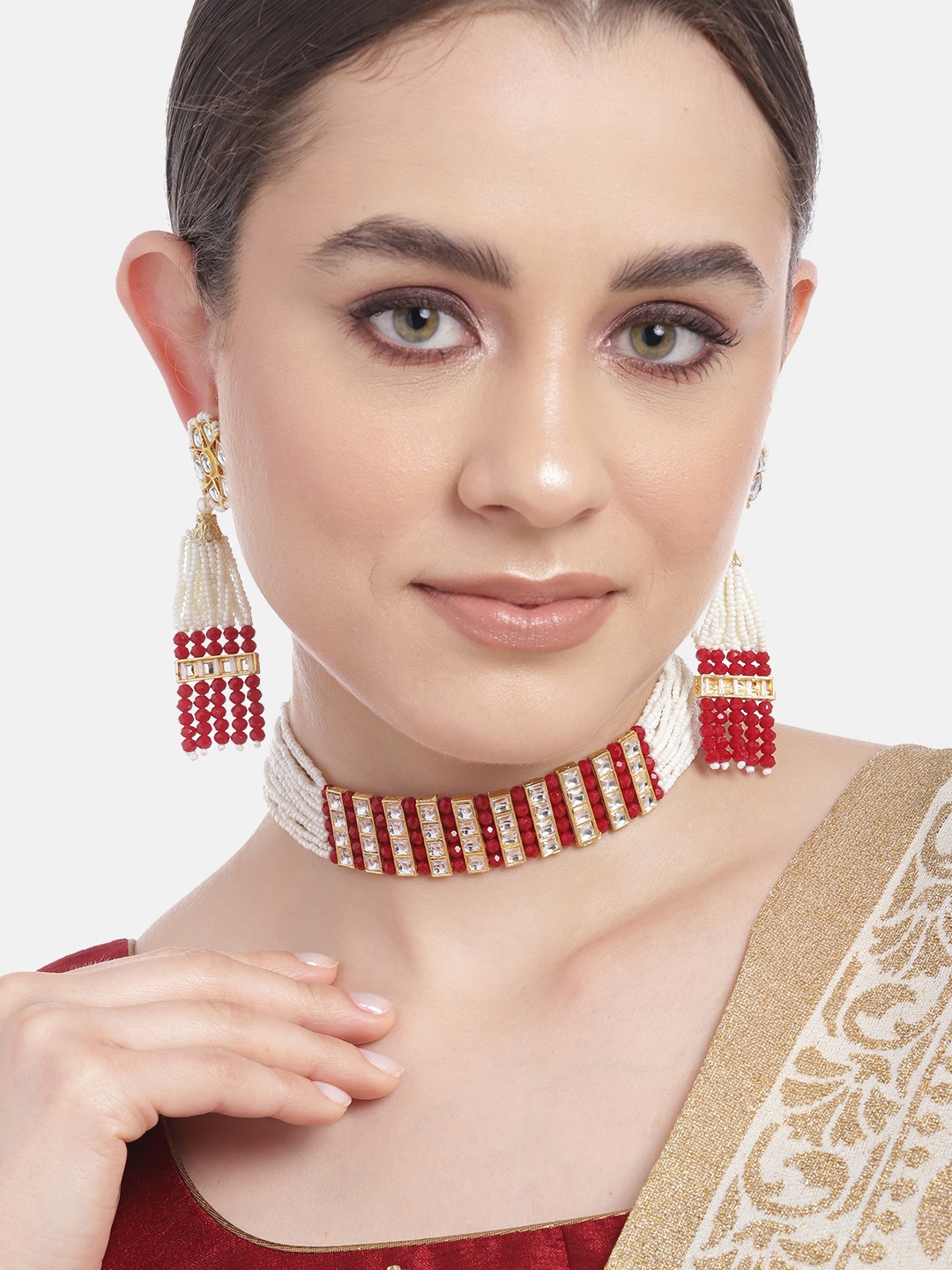 

Anouk Gold-Plated Pearl & Kundan Jewellery Set, Red