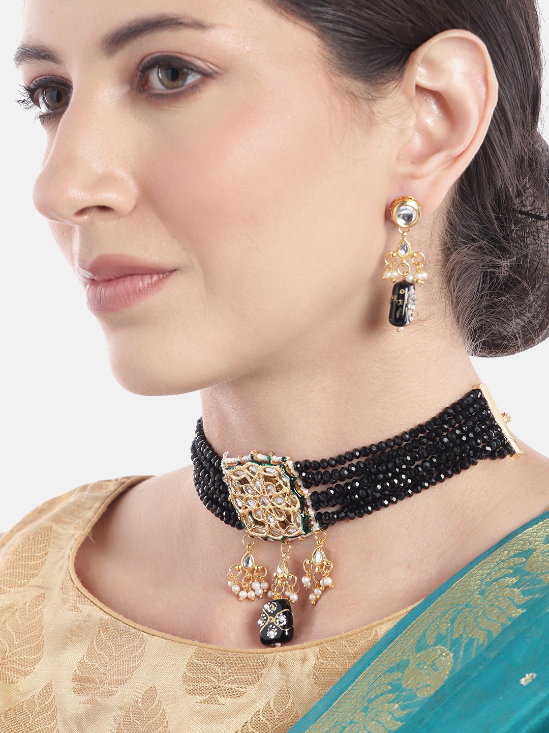 

Anouk Women Gold-Plated Quartz Studded Layered Beaded Necklace with Earrings, Black