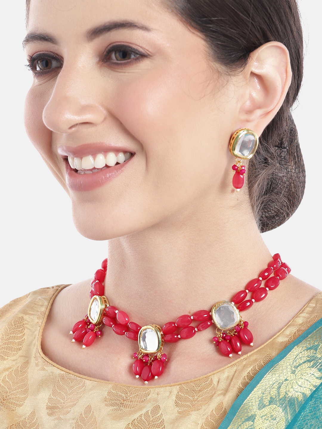 

Anouk Women Gold-Plated Kundan Studded Layered Beaded Necklace with Earrings, Pink