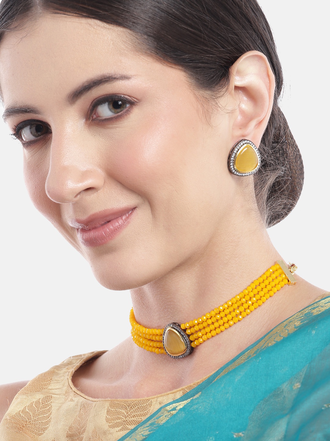 

Anouk Women Gold-Plated AD Studded Layered Beaded Necklace with Earrings, Yellow