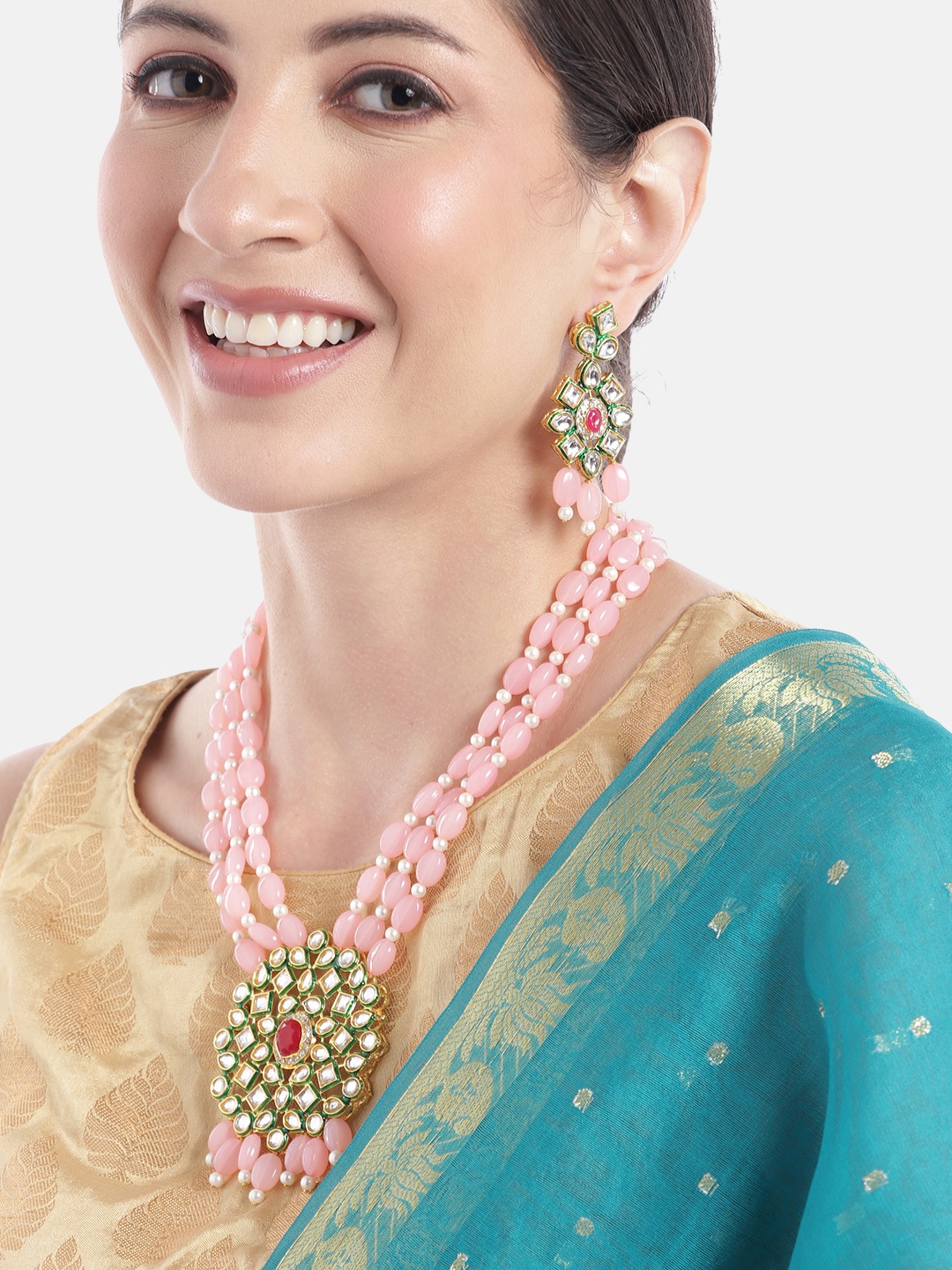 

Anouk Women Gold-Plated Kundan Studded Layered Beaded Necklace with Earrings, Pink