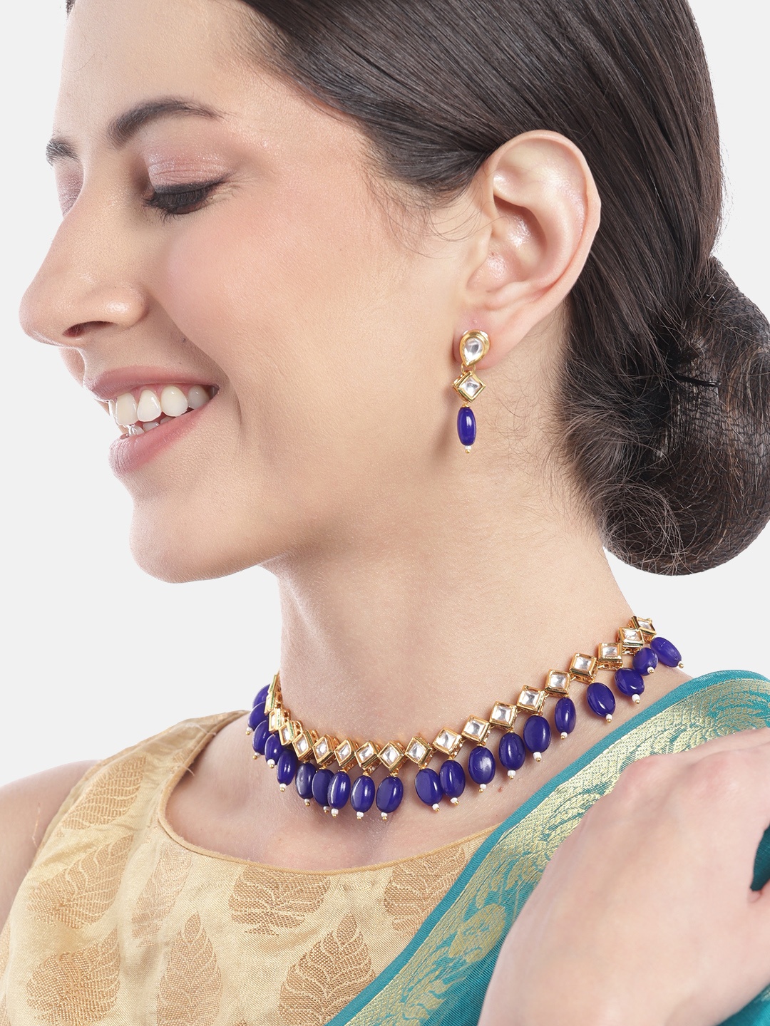 

Anouk Women Gold-Plated Kundan Studded Beaded Necklace with Earrings, Navy blue