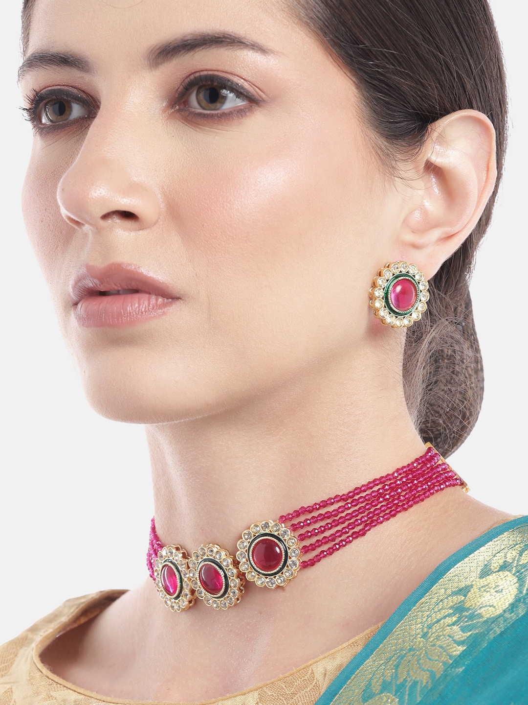 

Anouk Women Gold-Plated AD Studded Layered Beaded Necklace with Earrings, Pink