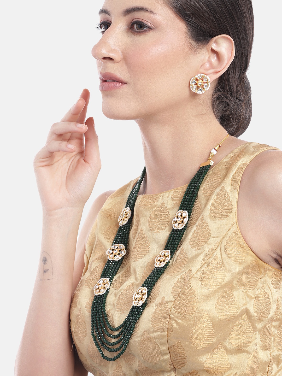 

Anouk Women Gold-Plated Kundan Studded Layered Beaded Necklace with Earrings, Green