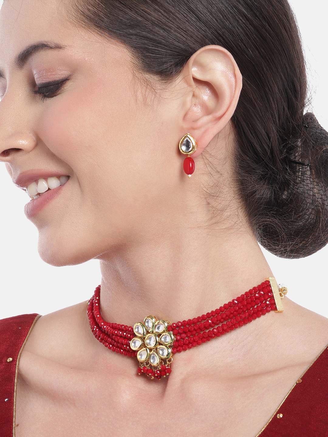 

Anouk Women Gold-Plated Kundan Studded Layered Beaded Necklace with Earrings, Red