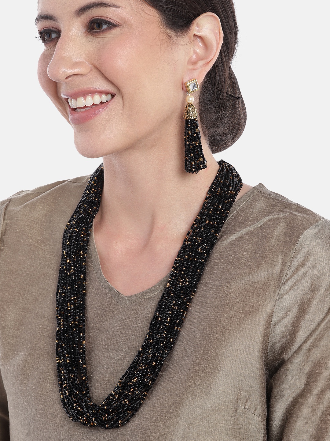 

Anouk Women Gold-Plated Layered Beaded Necklace with Earrings, Black