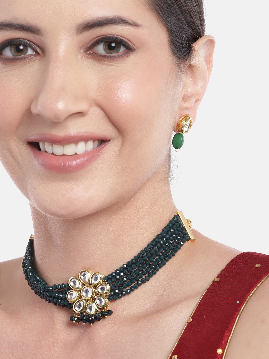

Anouk Women Gold-Plated Kundan Studded Layered Beaded Necklace with Earrings, Green