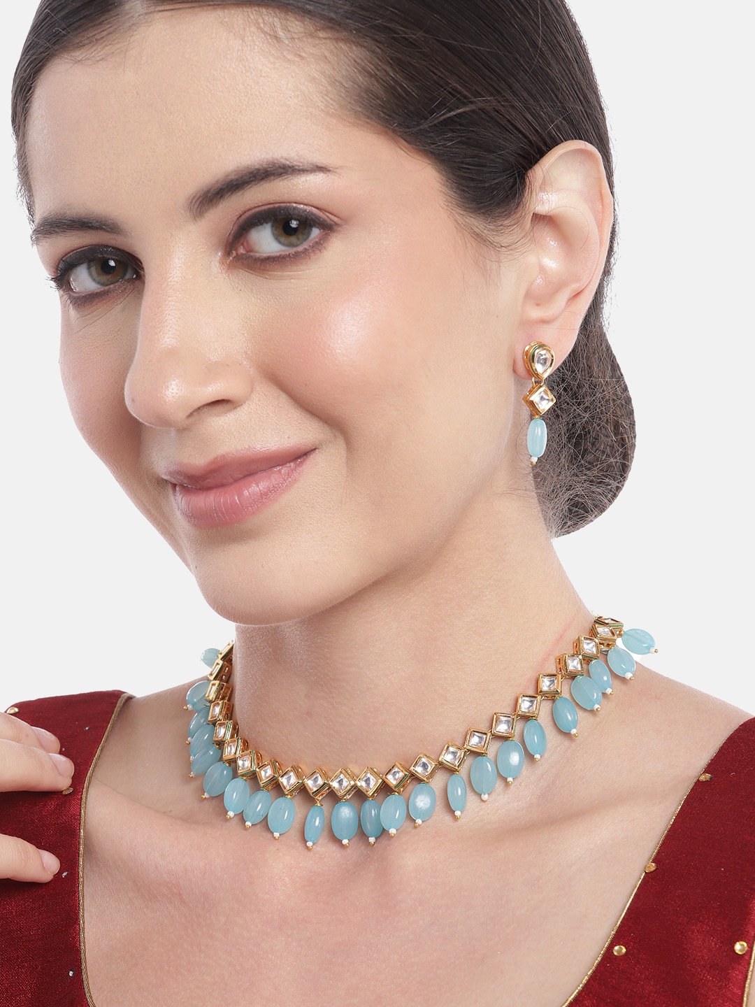 

Anouk Women Gold-Plated Kundan Studded & Beaded Necklace with Earrings, Turquoise blue