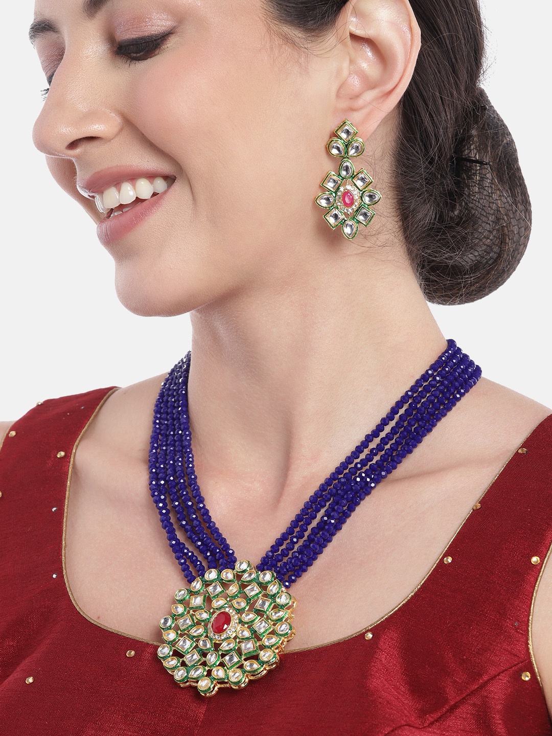 

Anouk Women Gold-Plated Kundan Studded Layered Beaded Necklace with Earrings, Navy blue