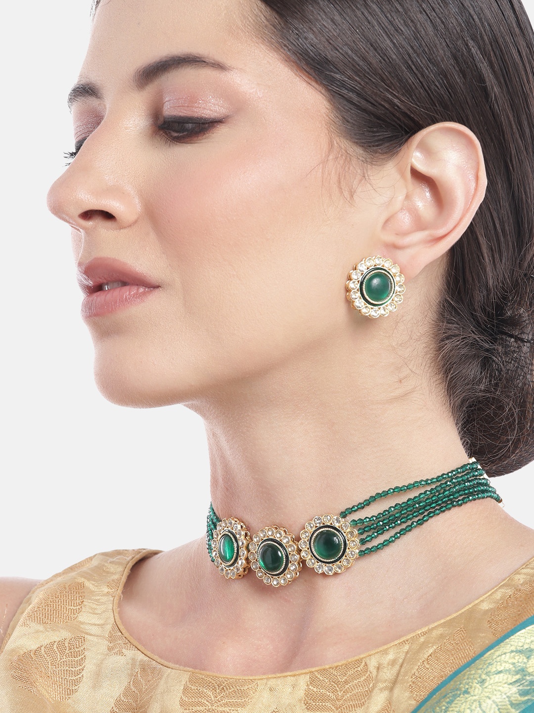 

Anouk Women Gold-Plated Stones-Studded & Beaded Jewellery Set, Green