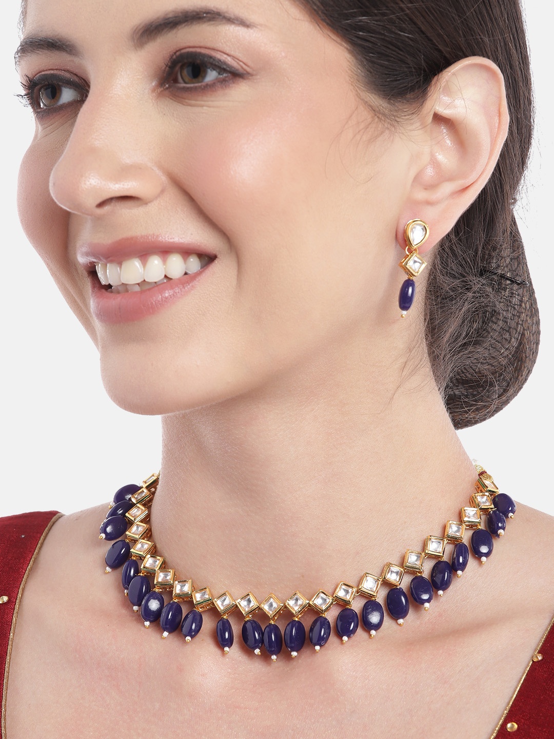 

Anouk Women Gold-Plated Kundan Studded & Beaded Necklace with Earrings, Navy blue