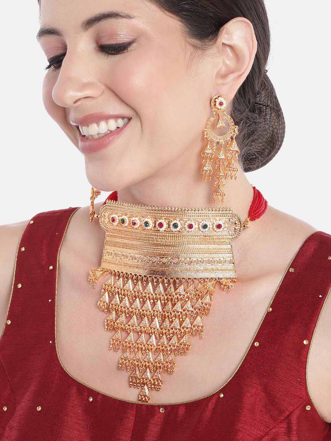 

Peora Women Gold-Plated Beaded Layered Choker Necklace with Earrings