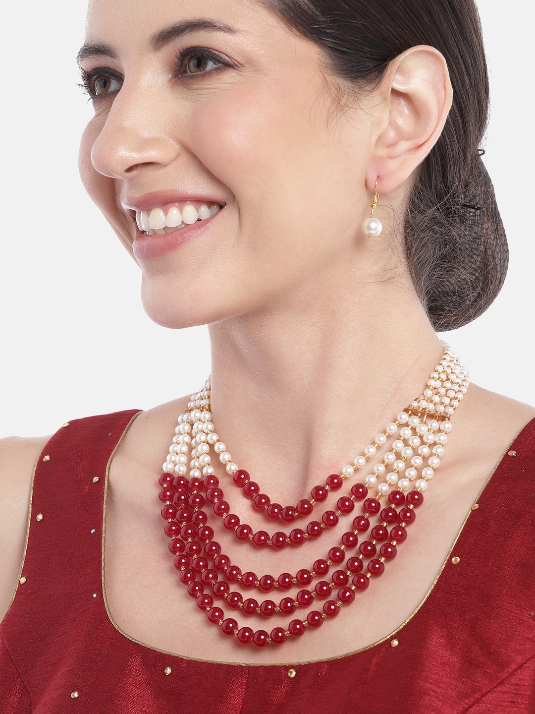 

Anouk Women Gold-Plated Pearl Studded Layered Necklace with Earrings, Red