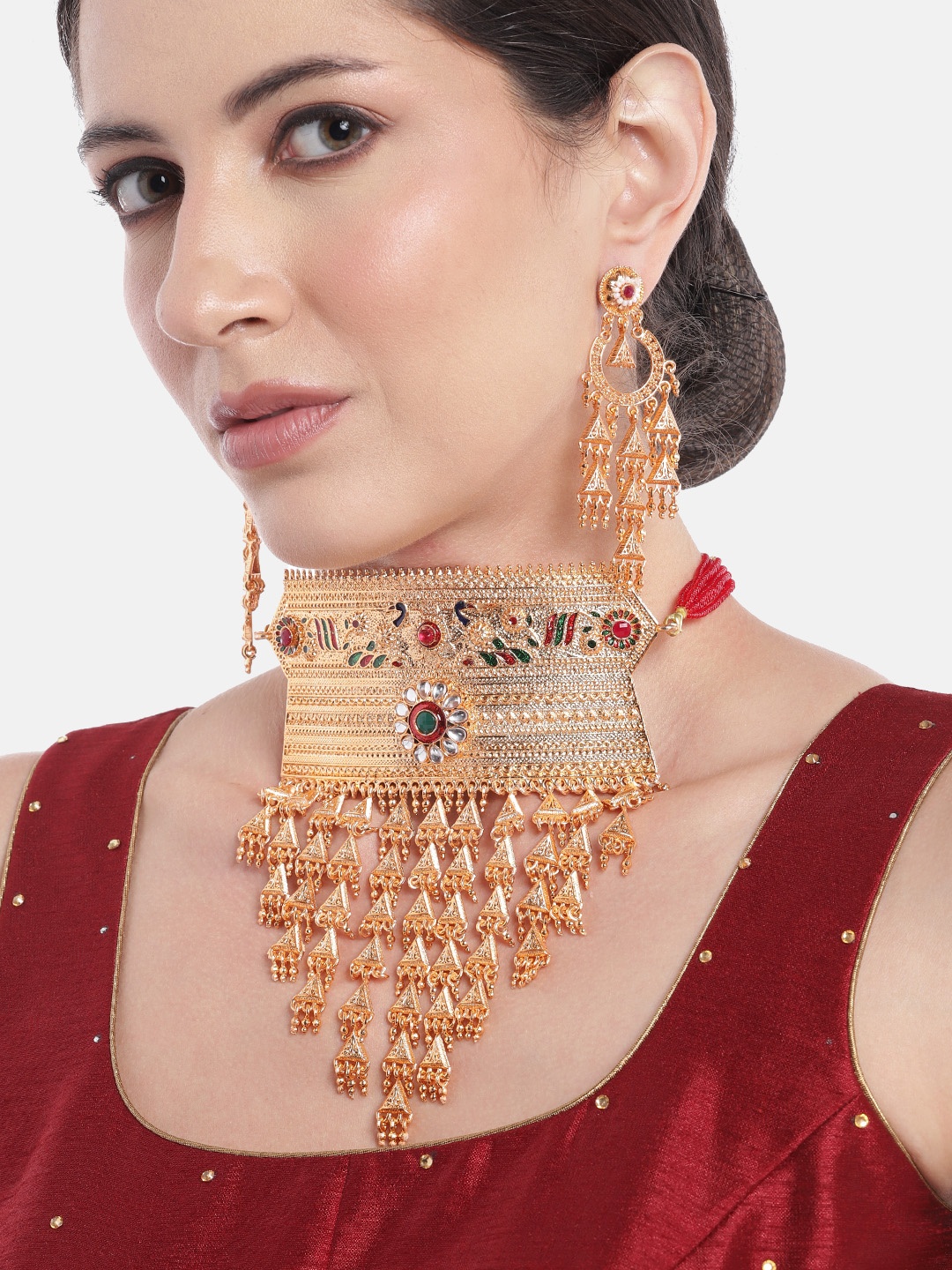 

Peora Women Gold-Plated Beaded Layered Choker Necklace with Earrings