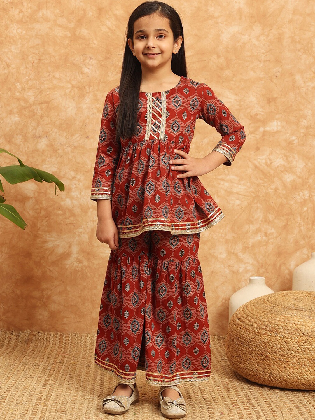 

Readiprint Fashions Girls Printed Pleated Gotta Patti Pure Cotton Kurti with Sharara, Maroon