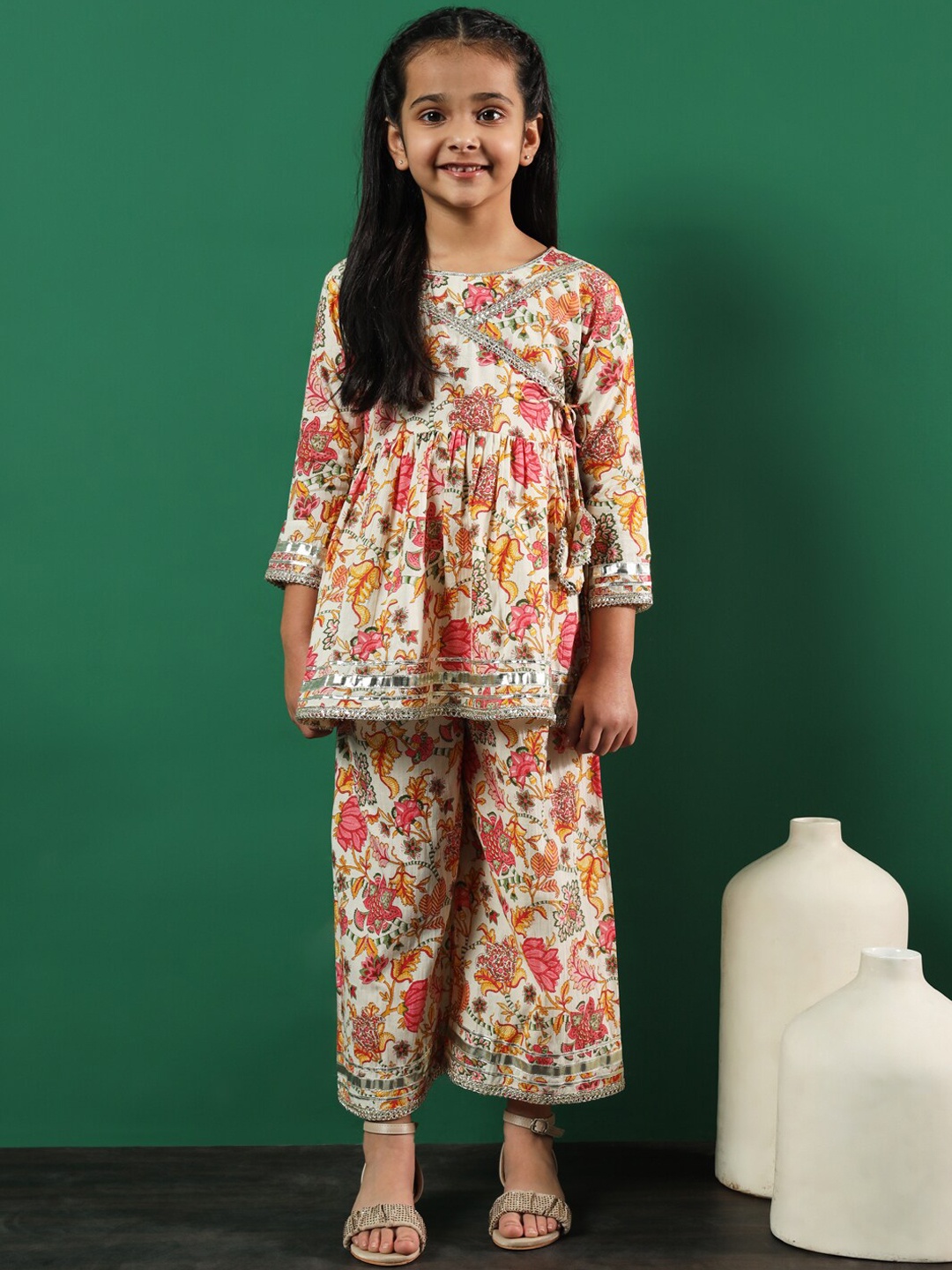 

Readiprint Girls Printed Pleated Gotta Patti Pure Cotton Kurti with Palazzos, Cream