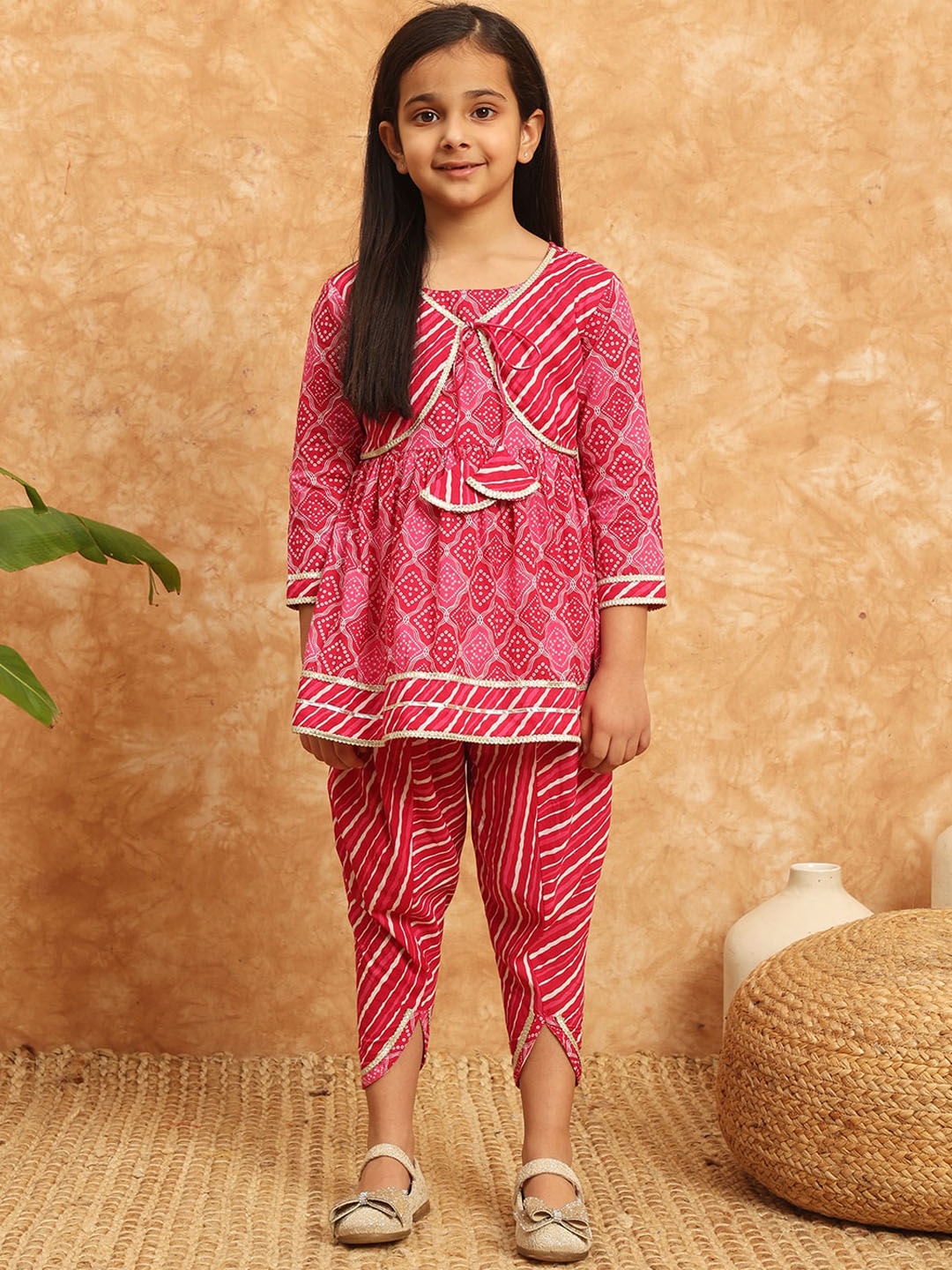 

Readiprint Girls Bandhani Printed Gotta Patti Pure Cotton Kurti With Dhoti Pants, Pink