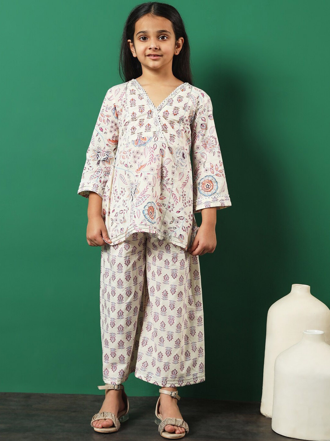 

Readiprint Girls Ethnic Motifs Printed Pure Cotton Kurti With Trouser, Cream