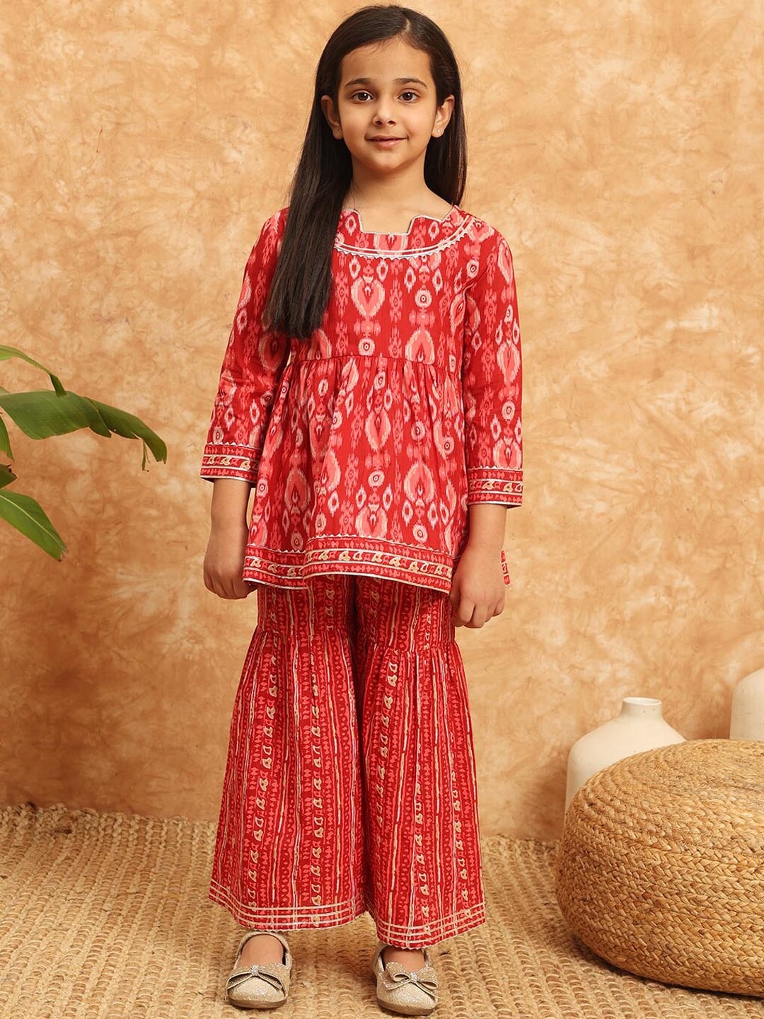 

Readiprint Girls Ethnic Motifs Gotta Patti Pure Cotton A-Line Kurti with Sharara, Burgundy