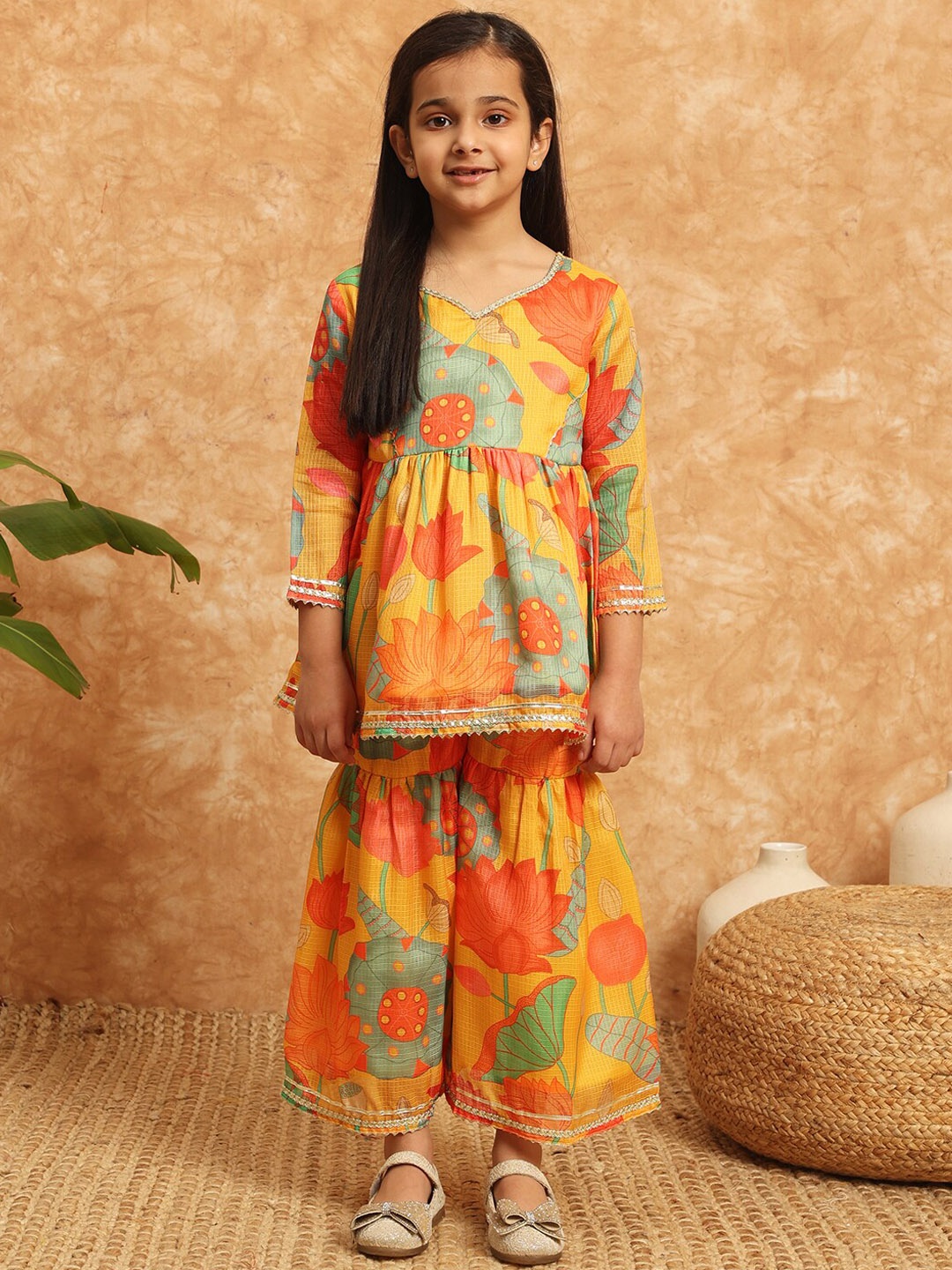 

Readiprint Girls Floral Printed Gotta Patti A-Line Pure Cotton Kurti with Sharara, Yellow