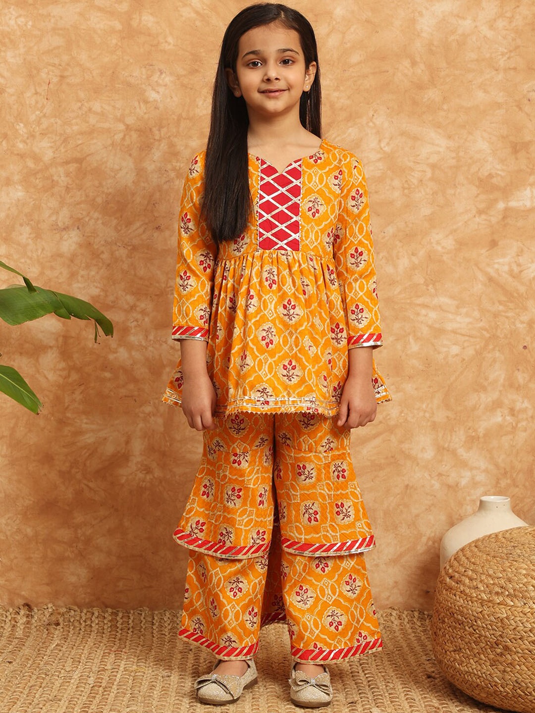 

Readiprint Fashions Girls Floral Printed Gotta Patti Pure Cotton A-Line Kurti with Sharara, Mustard