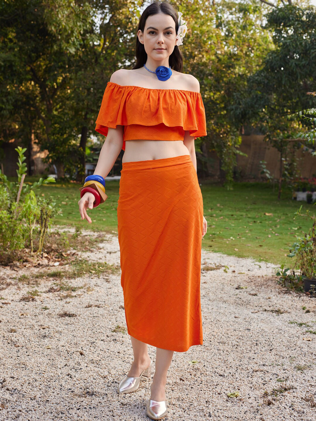

PURVAJA Textured Off Shoulder Crop Top & Midi Pencil Skirt, Orange