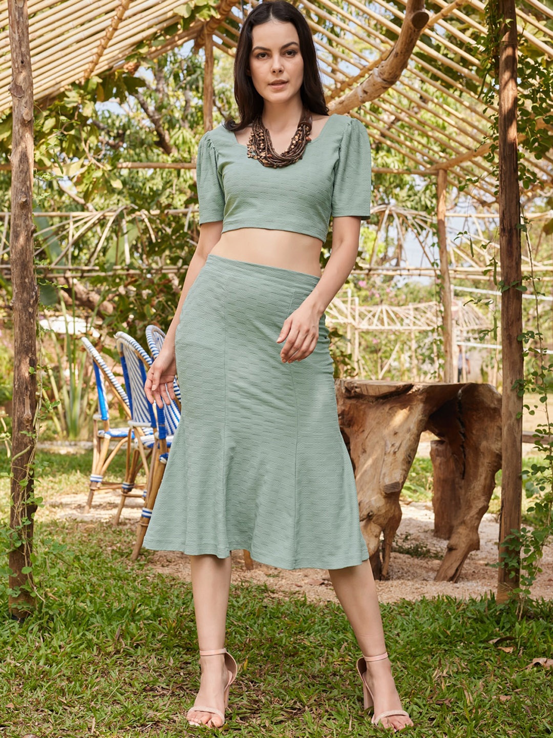 

PURVAJA Self Design Crop Top & Midi skirt, Sea green