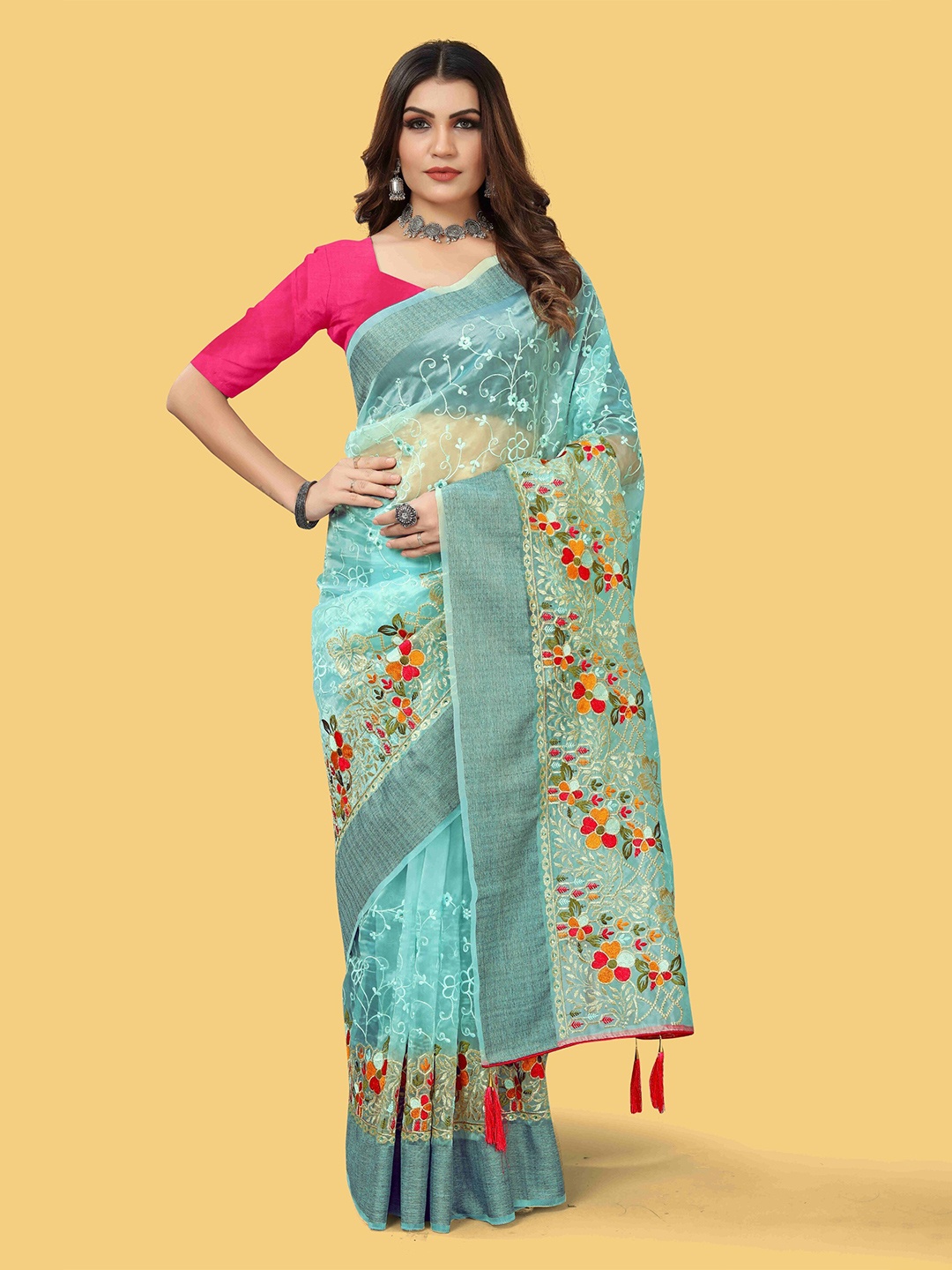 

Celeb Styles Floral Embroidered Organza Saree, Blue